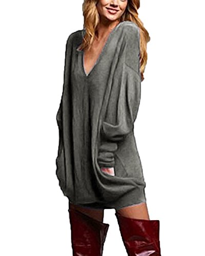 ZANZEA Jerseys de Punto Mujer Largos Cuello V Manga Larga Otoño Vestidos Sudadera Casual Tallas Grandes Suéter Suelta Gris 3XL