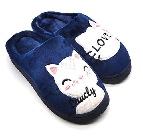 Zapatilla CASA Mujer de Invierno Antideslizantes Algodón Pantufla Peluche Azul Marino 38/39