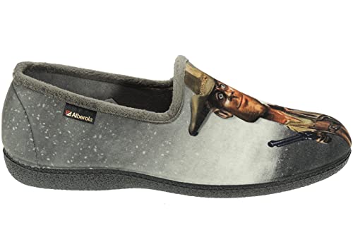 Zapatilla Cerrada de IR por Casa Confortable con Copete para Hombre - Bud Spencer y Terence Hill - Marca Alberola - Invierno - Tallas Grandes - Suapel Serigrafiado Gris Talla 43