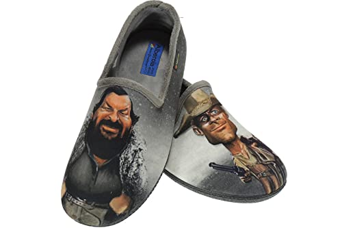 Zapatilla Cerrada de IR por Casa Confortable con Copete para Hombre - Bud Spencer y Terence Hill - Marca Alberola - Invierno - Tallas Grandes - Suapel Serigrafiado Gris Talla 43