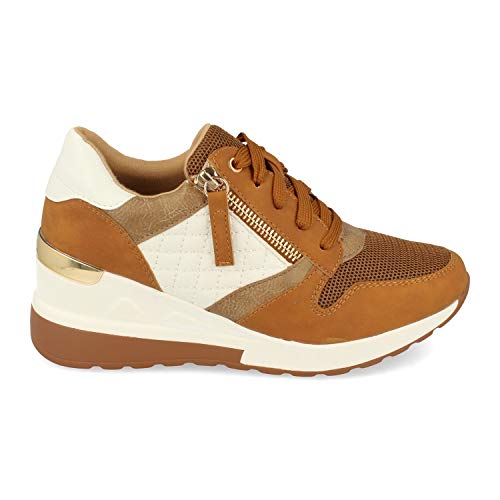 Zapatilla para Mujer, con Cuna, Cremallera de Adorno, y Cierre de Cordones, Primavera Verano 2021. Talla 38 Camel