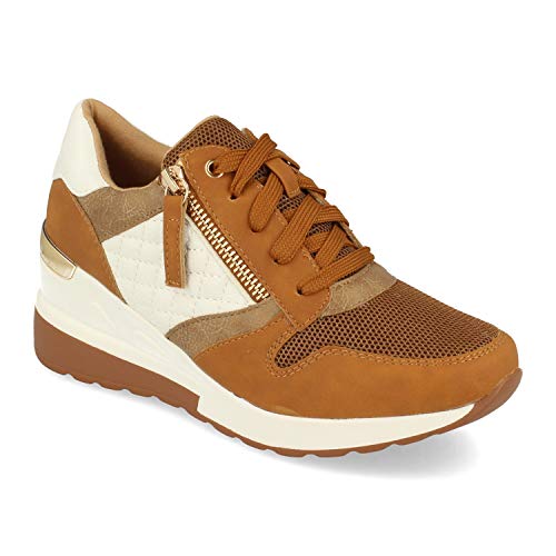 Zapatilla para Mujer, con Cuna, Cremallera de Adorno, y Cierre de Cordones, Primavera Verano 2021. Talla 38 Camel