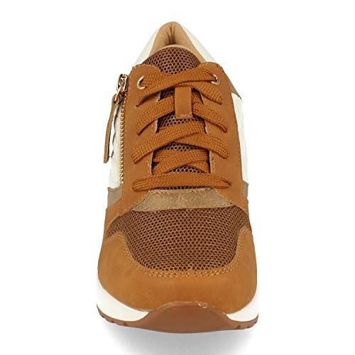 Zapatilla para Mujer, con Cuna, Cremallera de Adorno, y Cierre de Cordones, Primavera Verano 2021. Talla 38 Camel