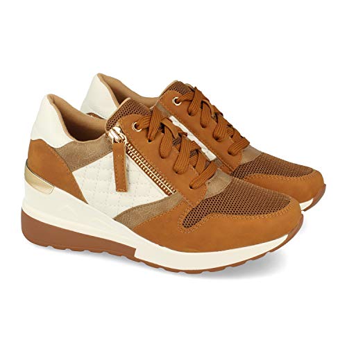 Zapatilla para Mujer, con Cuna, Cremallera de Adorno, y Cierre de Cordones, Primavera Verano 2021. Talla 38 Camel