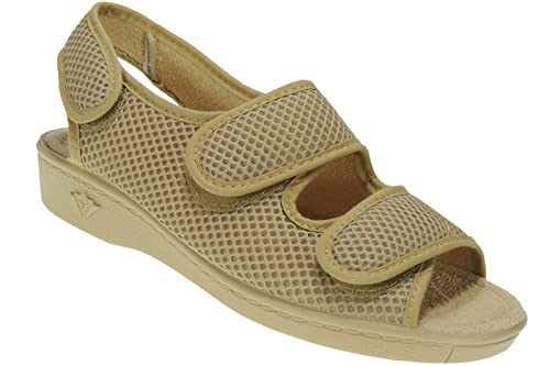 Zapatilla Rejilla Mujer Nailon para Casa Tres Velcros - Marca [Alberola] - Punta Abierta - Verano - Plantilla Toalla Anatómica BEIG Talla 38