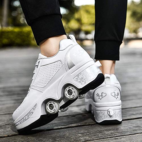 Zapatillas con Ruedas Automática Calzado De Skateboarding Zapatillas De Skate con Ruedas Patines En Línea para Adultos Y Niños,Plata,35