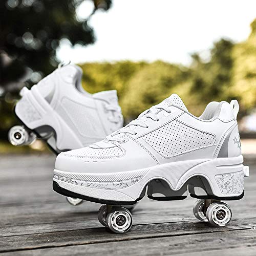 Zapatillas con Ruedas Automática Calzado De Skateboarding Zapatillas De Skate con Ruedas Patines En Línea para Adultos Y Niños,Plata,35