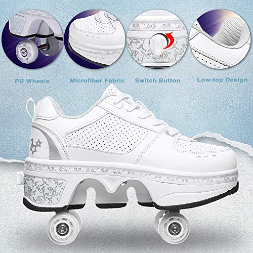 Zapatillas con Ruedas Automática Calzado De Skateboarding Zapatillas De Skate con Ruedas Patines En Línea para Adultos Y Niños,Plata,35