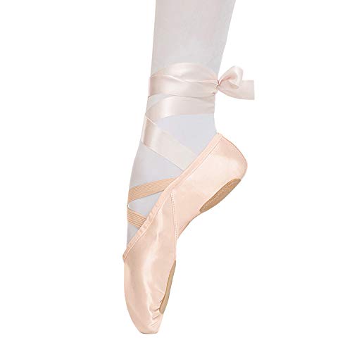 Zapatillas de Ballet Suela Partida Satín Zapatos de Danza y Gimnasia con Cinta para Niñas y Adultos 31 EU