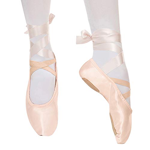 Zapatillas de Ballet Suela Partida Satín Zapatos de Danza y Gimnasia con Cinta para Niñas y Adultos 31 EU