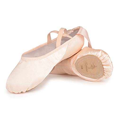 Zapatillas de Ballet Suela Partida Satín Zapatos de Danza y Gimnasia con Cinta para Niñas y Adultos 31 EU