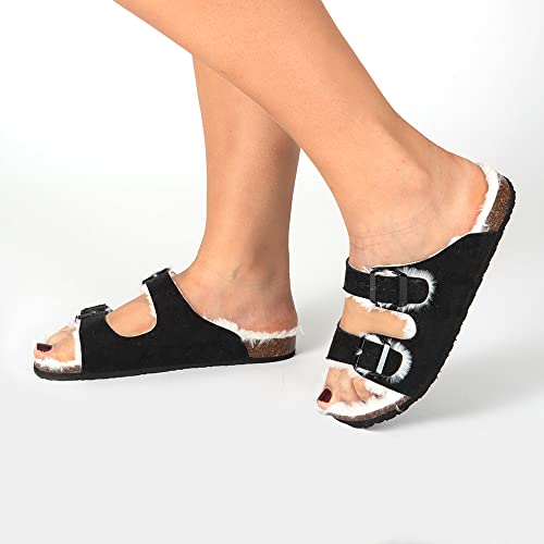 Zapatillas de Casa Invierno Mujer con Forro de Pelo - Sandalias Negras con Doble Hebilla Dorada - Chanclas en Ante y Suela Plana Chica - Pantuflas Cómodas con Banda Ancha Señora (Negro Doble, 40)