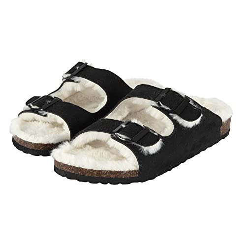 Zapatillas de Casa Invierno Mujer con Forro de Pelo - Sandalias Negras con Doble Hebilla Dorada - Chanclas en Ante y Suela Plana Chica - Pantuflas Cómodas con Banda Ancha Señora (Negro Doble, 40)