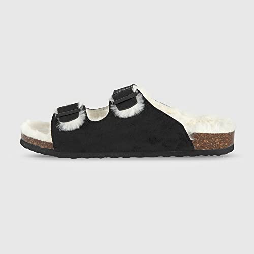 Zapatillas de Casa Invierno Mujer con Forro de Pelo - Sandalias Negras con Doble Hebilla Dorada - Chanclas en Ante y Suela Plana Chica - Pantuflas Cómodas con Banda Ancha Señora (Negro Doble, 40)