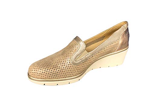 Zapato de mujer de verano con doble elástico, cuña de 5 cm, empeine microperforado y plantilla de piel extraíble, artículo 664060 con cuerda/taúpee Beige Size: 37 EU