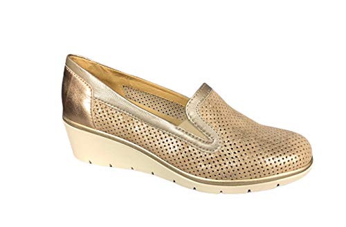 Zapato de mujer de verano con doble elástico, cuña de 5 cm, empeine microperforado y plantilla de piel extraíble, artículo 664060 con cuerda/taúpee Beige Size: 37 EU