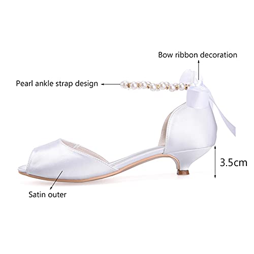 Zapatos de Boda de Novia para Mujer Verano con Punta Abierta Perla con Correa en el Tobillo Bowknot Cinta Tacon Bajo Sandalias,Marfil,39 EU