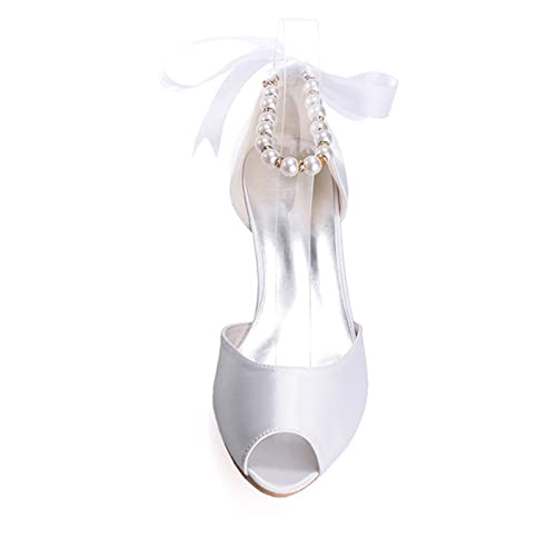 Zapatos de Boda de Novia para Mujer Verano con Punta Abierta Perla con Correa en el Tobillo Bowknot Cinta Tacon Bajo Sandalias,Marfil,39 EU