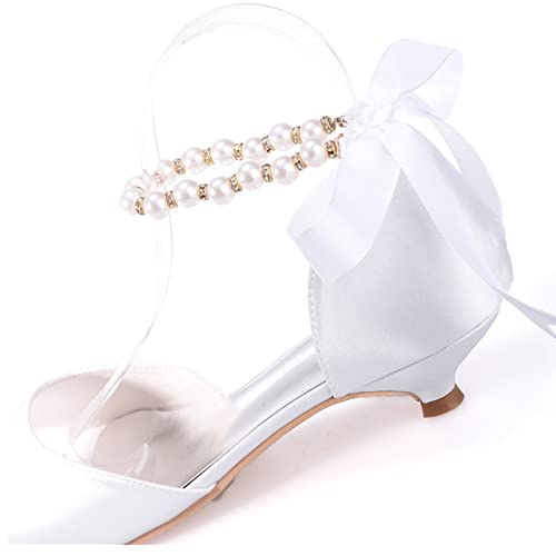 Zapatos de Boda de Novia para Mujer Verano con Punta Abierta Perla con Correa en el Tobillo Bowknot Cinta Tacon Bajo Sandalias,Marfil,39 EU