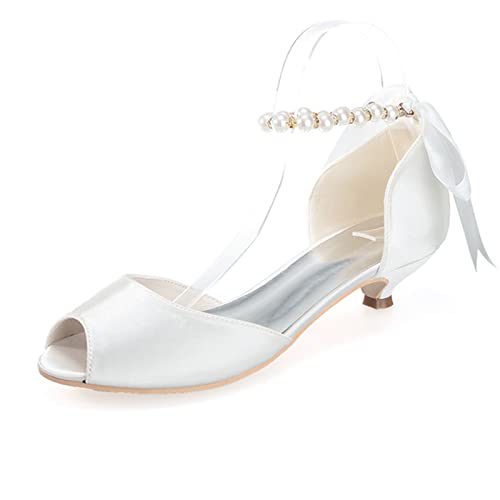 Zapatos de Boda de Novia para Mujer Verano con Punta Abierta Perla con Correa en el Tobillo Bowknot Cinta Tacon Bajo Sandalias,Marfil,39 EU