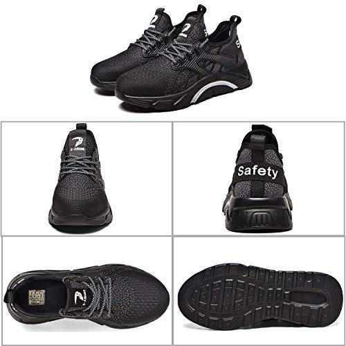 Zapatos de Seguridad para Hombre Zapatillas de Trabajo Mujeres Calzado de Seguridad Deporte con Punta de Acero Ligero Antideslizante Negro Azul Gris Talla darkblack 37 EU