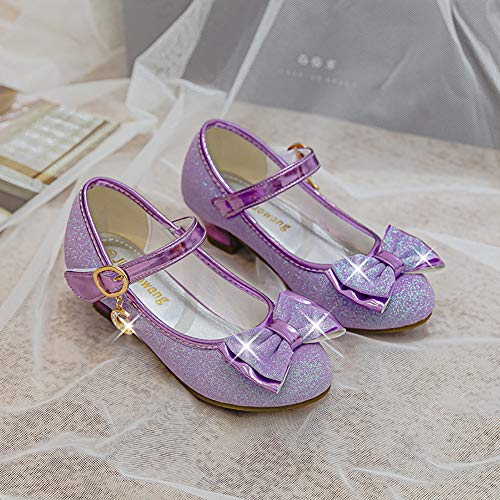 Zapatos Tacon Niña Zapatillas Princesa Lentejuelas Infantil Sandalias de Vestir Fiesta Bowknot para Niñas 29 EU,Morado