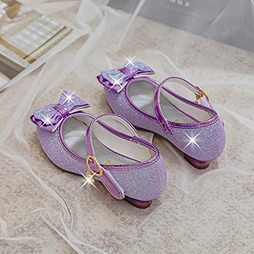 Zapatos Tacon Niña Zapatillas Princesa Lentejuelas Infantil Sandalias de Vestir Fiesta Bowknot para Niñas 29 EU,Morado