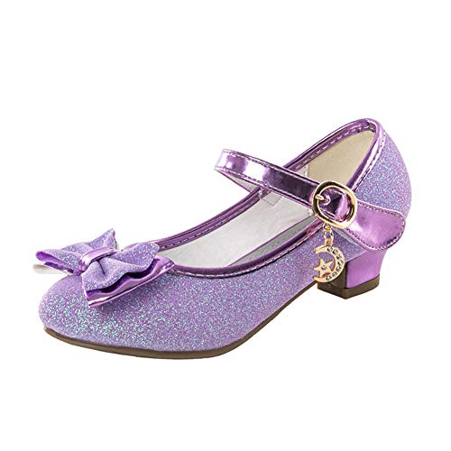 Zapatos Tacon Niña Zapatillas Princesa Lentejuelas Infantil Sandalias de Vestir Fiesta Bowknot para Niñas 29 EU,Morado