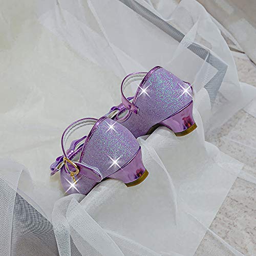 Zapatos Tacon Niña Zapatillas Princesa Lentejuelas Infantil Sandalias de Vestir Fiesta Bowknot para Niñas 29 EU,Morado