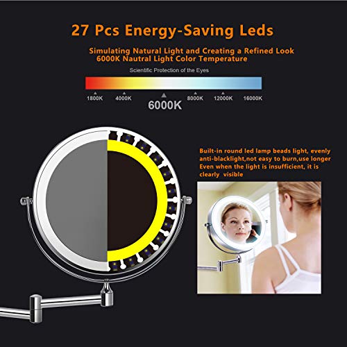 ZEPHBRA Espejo de Maquillaje con Luz LED 1X/5X Aumento Espejos de Aumento de Pared de Doble Cara Giratorio Espejos Extensibles para Baño y Tocador (Plata)