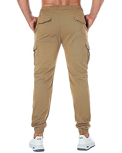 ZOEREA Pantalones Hombre Casuales Deporte Elásticos Joggers Largos Pants con Bolsillos Algodón Slim Fit Cargo Trouser de Hombres Caqui, L