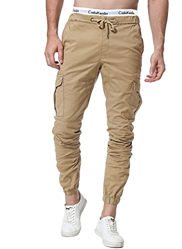 ZOEREA Pantalones Hombre Casuales Deporte Elásticos Joggers Largos Pants con Bolsillos Algodón Slim Fit Cargo Trouser de Hombres Caqui, L