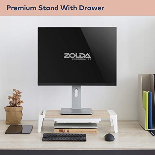 ZOLDA Soporte Monitor con Cajón – Elevador de Pantalla Ordenador de Madera con Espacio para el Almacenaje Integrado, Cajón y Patas Ajustables para una Mayor Ergonomía & Organización de la Mesa