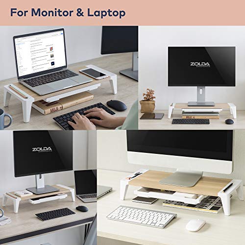 ZOLDA Soporte Monitor con Cajón – Elevador de Pantalla Ordenador de Madera con Espacio para el Almacenaje Integrado, Cajón y Patas Ajustables para una Mayor Ergonomía & Organización de la Mesa