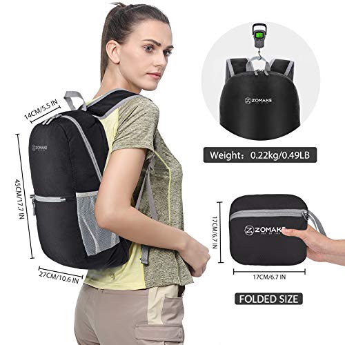 ZOMAKE Mochila Plegable Ligera 20L, Mochilas Pequeñas para Hombre Mujer, Mochilas Compacta para Viajar Senderismo(Negro)