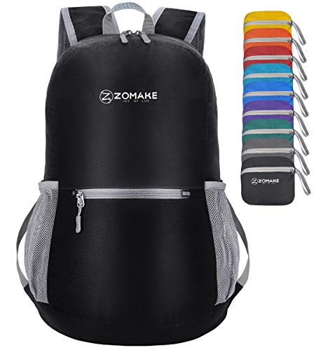 ZOMAKE Mochila Plegable Ligera 20L, Mochilas Pequeñas para Hombre Mujer, Mochilas Compacta para Viajar Senderismo(Negro)