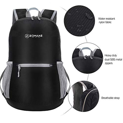 ZOMAKE Mochila Plegable Ligera 20L, Mochilas Pequeñas para Hombre Mujer, Mochilas Compacta para Viajar Senderismo(Negro)