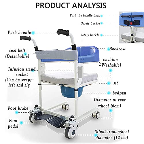 ZWJABYY Gruas para Personas Mayores,Silla De Ducha con Ruedas,EnfermeríA Sillas De Ruedas,con CojíN ExtraíBle Y CinturóN De Seguridad para Inodoro,120Kg/265 LB De Carga,BasicEdition-Blue