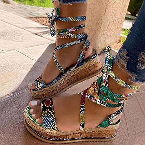 ZYONG Sandalias de Mujer de Moda Verano 2021 Zapatos de cuña de Serpiente Estampado étnico Moda Casual con Cordones Zapatos de Mujer Sandalias de Playa para Mujer