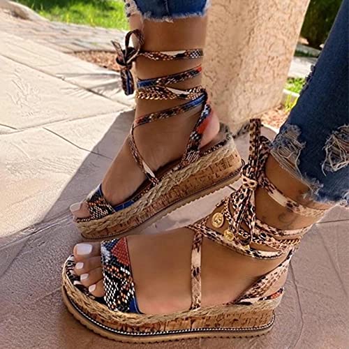 ZYONG Sandalias de Mujer de Moda Verano 2021 Zapatos de cuña de Serpiente Estampado étnico Moda Casual con Cordones Zapatos de Mujer Sandalias de Playa para Mujer