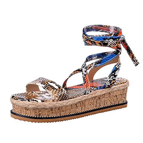 ZYONG Sandalias de Mujer de Moda Verano 2021 Zapatos de cuña de Serpiente Estampado étnico Moda Casual con Cordones Zapatos de Mujer Sandalias de Playa para Mujer