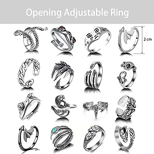 16 Piezas Anillo Hombre plata,Anillo Punk Retro,Anillo Gótico,Serpiente, Garra de Dragón, Cara Llorando, Pluma, Pez Rana, Anillo Ajustable，Adecuado Para el Estilo de Moda de la Calle.