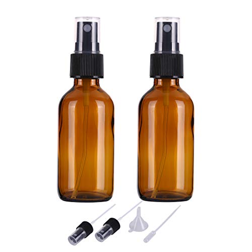 2 x Botellas de spray de vidrio ámbar vacías de 60 ml para aceites esenciales, botellas de spray de niebla fina de viaje recargables pequeñas, limpiadores caseros y dispensador de niebla fina