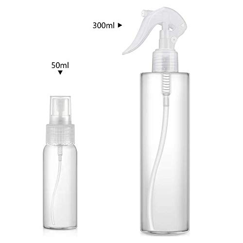 4PCS - Botella de Spray Plástico, (2x50ml + 2x300ml) Transparentes Botes de Pulverizacion Vacíos para Perfume, Botella Cosmetica Atomizador Pulverizador Recipientes para Viaje/Desinfeccion