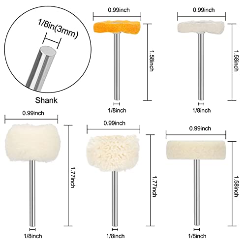 58 Piezas Rueda Abrasiva Pulidora Discos, mini cepillo de lana montado en el mandril para pulir, disco de pulir abrasivo para herramientas rotativas Dremel, taladro de 3 mm y mango de 1/8 pulgada