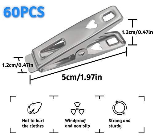 60 Pinzas de Acero Inoxidable para Ropa，con Férula Extendida para Apretarla，Pinza Metálica Multifuncional Ideal para Secar Ropa y Sellar Alimentos