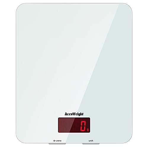 ACCUWEIGHT Báscula Digital de Cocina con Superficie de Vidrio Templado 5kg/11 lbs Balanza Alimentos Multifuncional con Pantalla LCD para Peso de Comida, Alta Precisión hasta 1g, Blanco