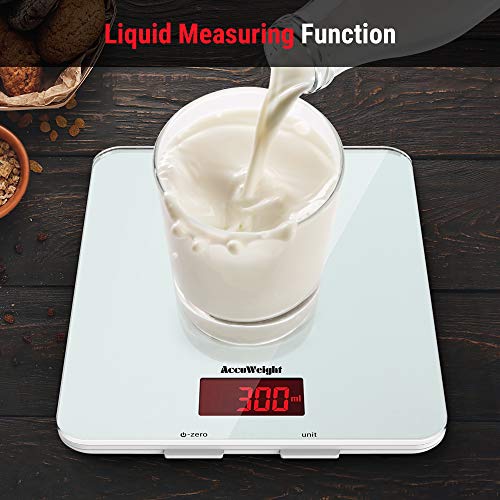 ACCUWEIGHT Báscula Digital de Cocina con Superficie de Vidrio Templado 5kg/11 lbs Balanza Alimentos Multifuncional con Pantalla LCD para Peso de Comida, Alta Precisión hasta 1g, Blanco