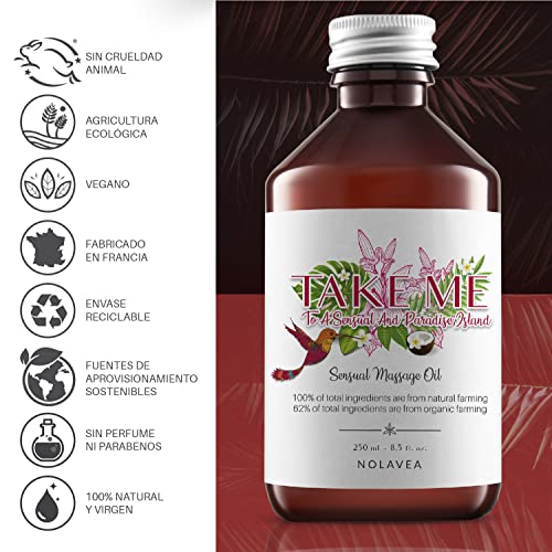 Aceite de Masaje Sensual 250ml - Aceites Esenciales para el Cuerpo, Masaje Intimo - Absorción Lenta - Aroma Monoï, Ricino, Coco, Vainilla, Fabricado en Francia