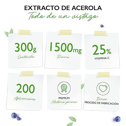 Acerola en polvo - 300 g (suministro para 6,6 meses) - Vitamina C natural - 200 raciones diarias con 1500 mg de extracto puro de cereza acerola - Vegano